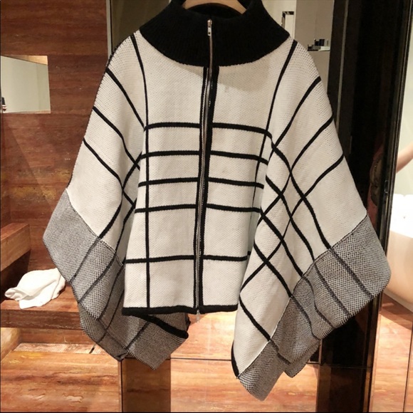 Sweaters - Plaid Knit Zip Front Poncho Cape